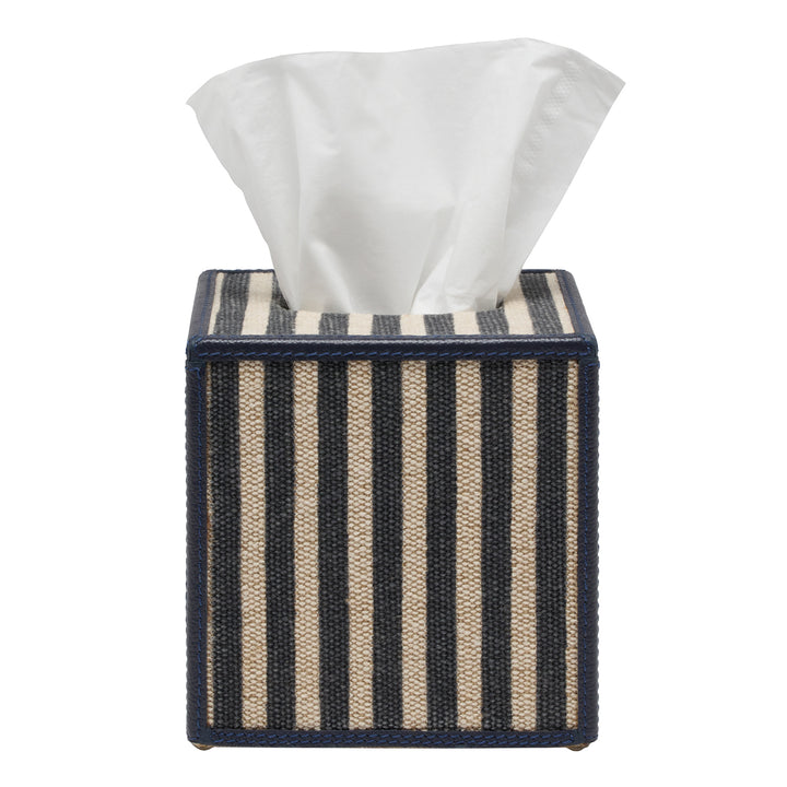 Franklin Navy Striped/Navy Cotton Jute/Leather Tissue Box Cover