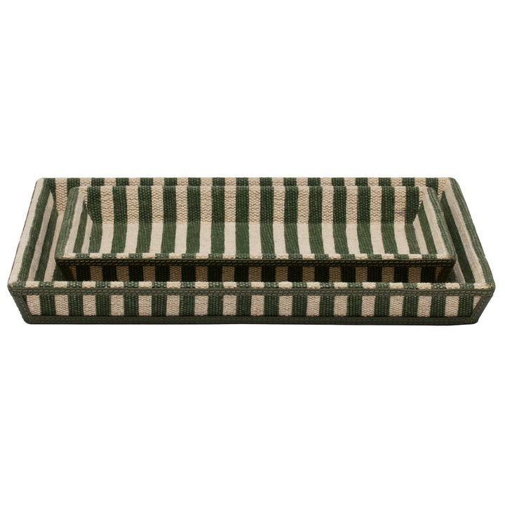 Franklin Emerald Striped/Forest Cotton Jute/Leather Nested Trays Set/2