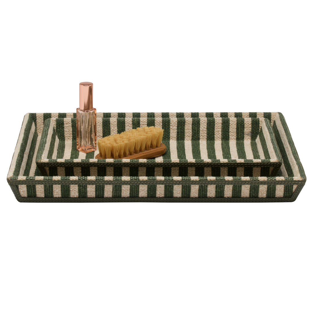 Franklin Emerald Striped/Forest Cotton Jute/Leather Nested Trays Set/2