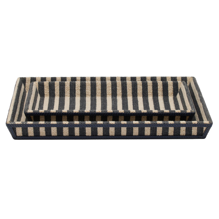 Franklin Navy Striped/Navy Cotton Jute/Leather Nested Trays Set/2