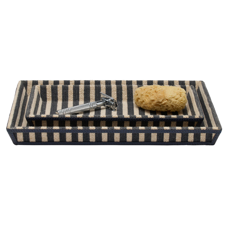 Franklin Navy Striped/Navy Cotton Jute/Leather Nested Trays Set/2