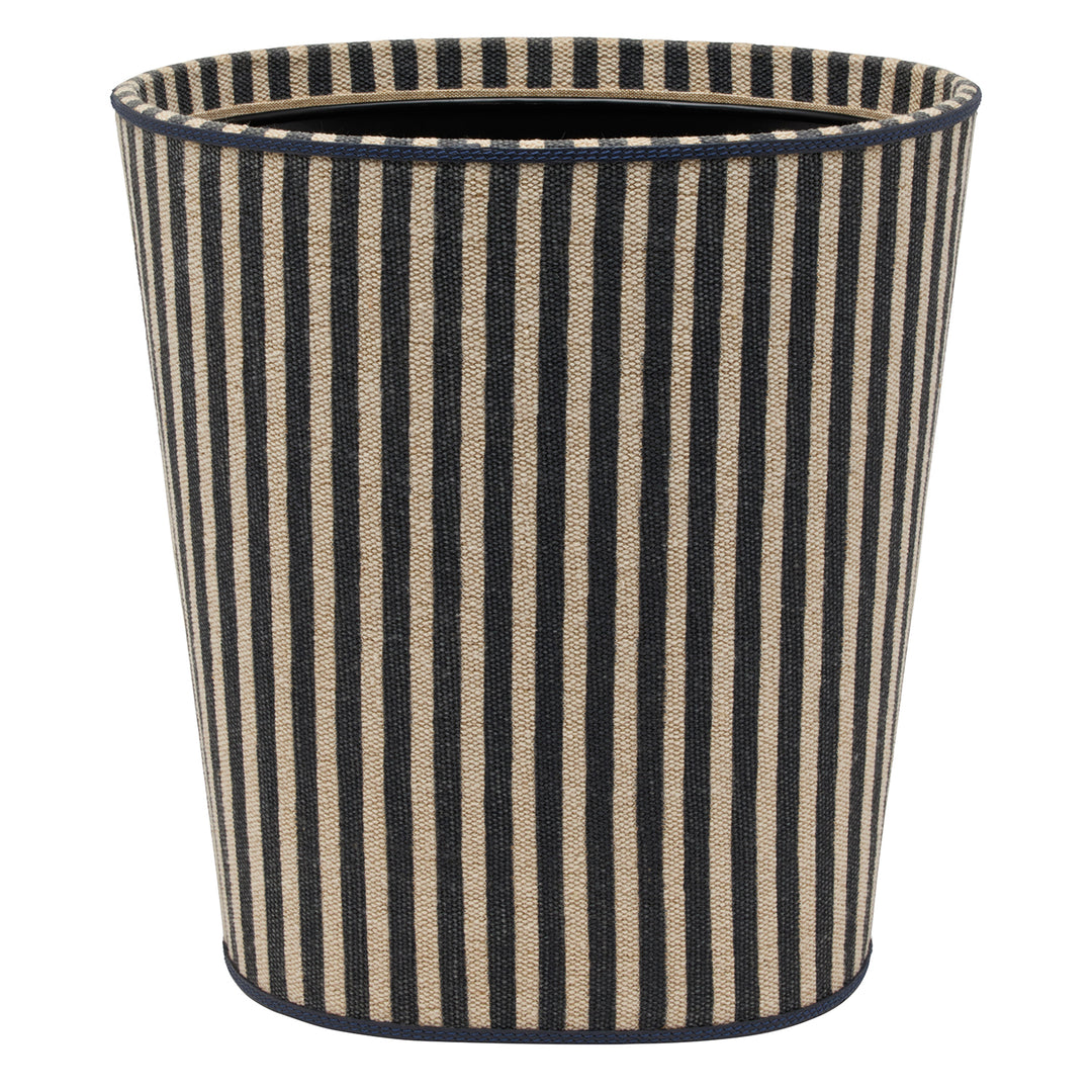 Franklin Navy Striped/Navy Cotton Jute/Leather Wastebasket Oval