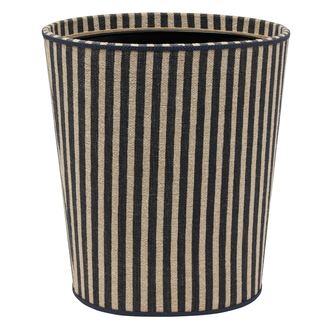 Franklin Navy Striped/Navy Cotton Jute/Leather Wastebasket Oval