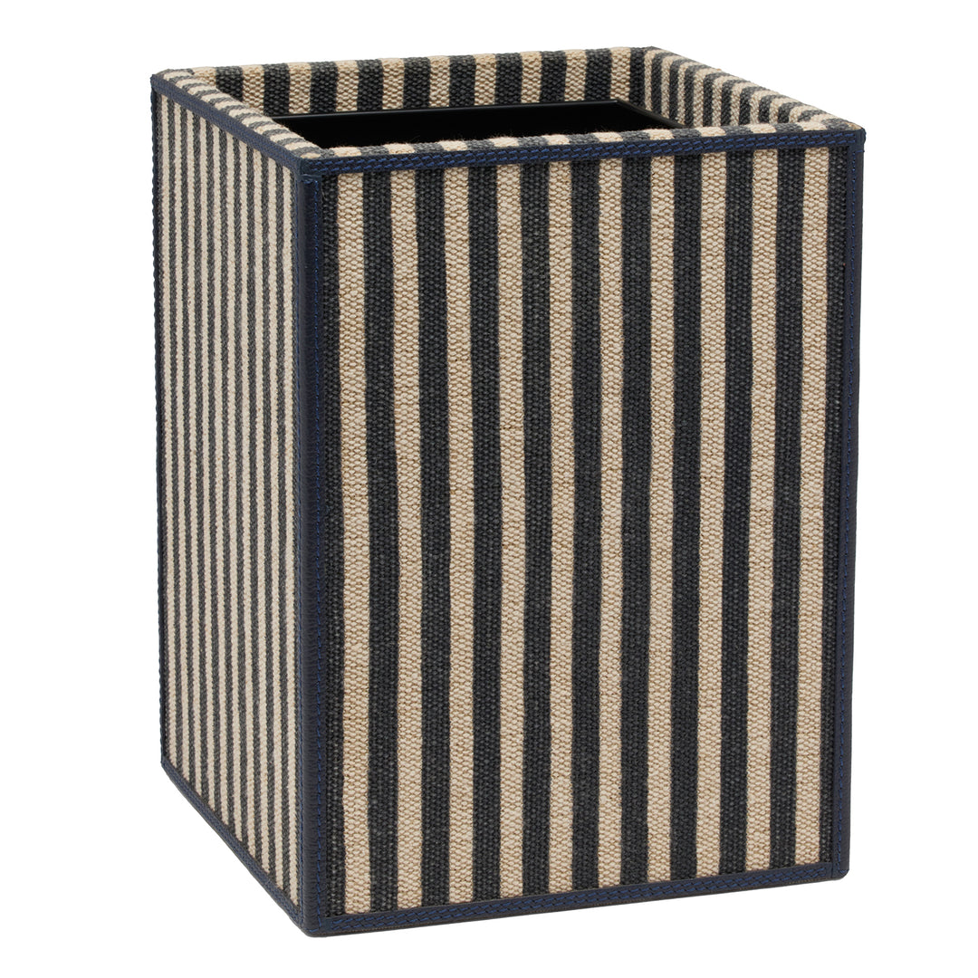 Franklin Navy Striped/Navy Cotton Jute/Leather Square Wastebasket