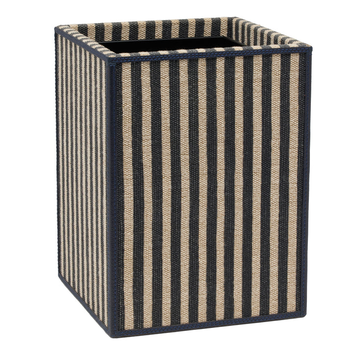 Franklin Navy Striped/Navy Cotton Jute/Leather Square Wastebasket