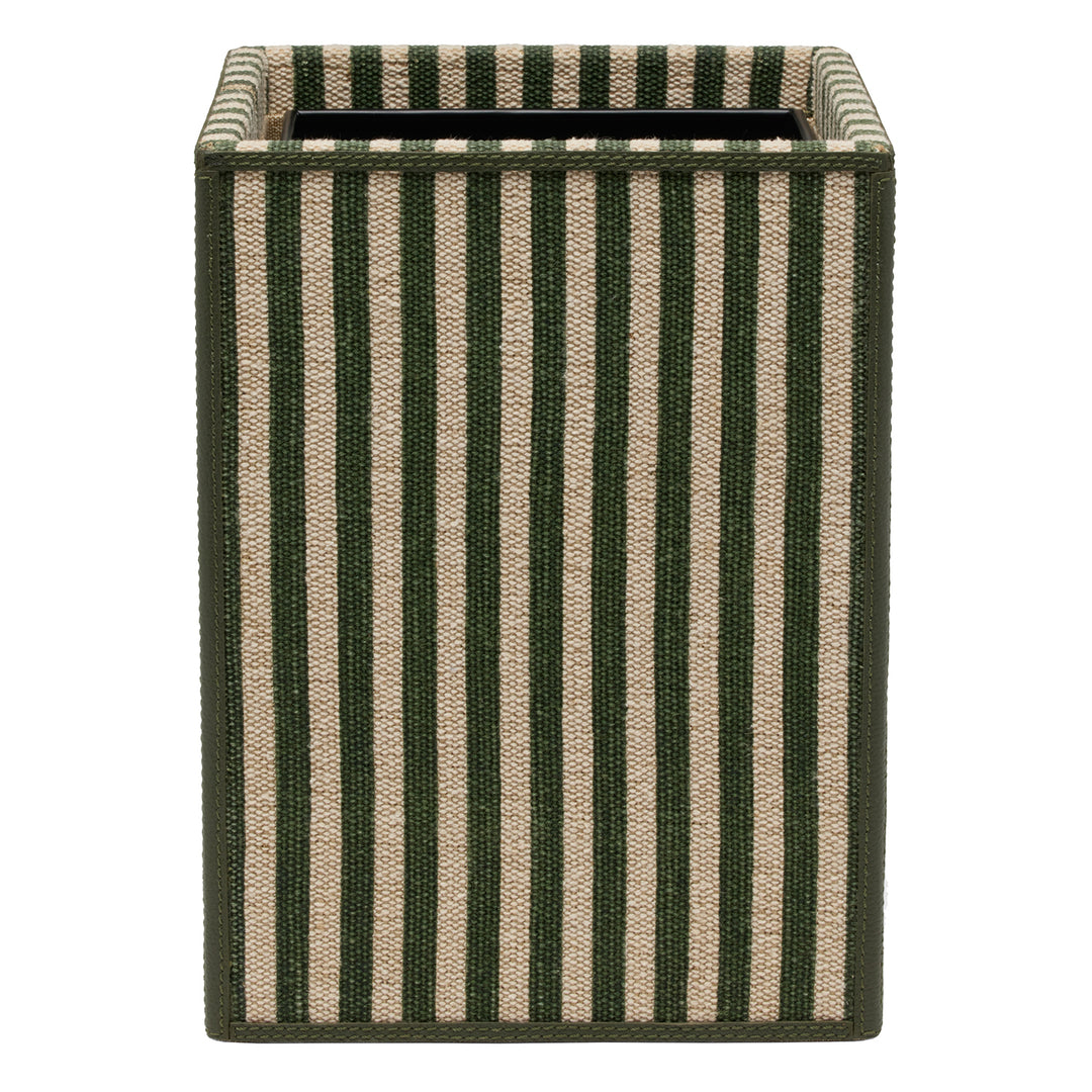 Franklin Emerald Striped/Forest Cotton Jute/Leather Square Wastebasket