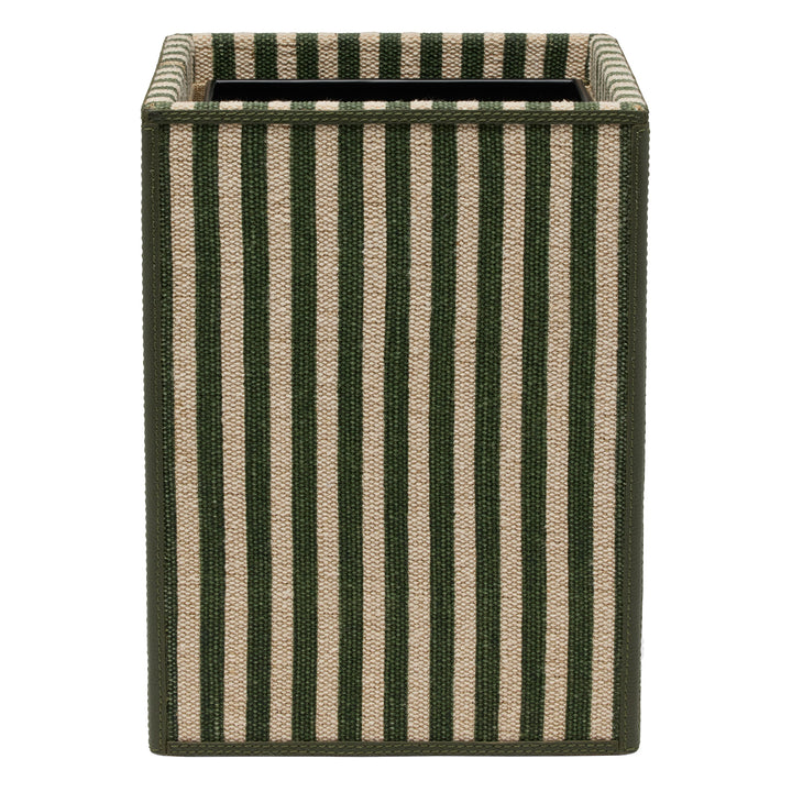 Franklin Emerald Striped/Forest Cotton Jute/Leather Square Wastebasket