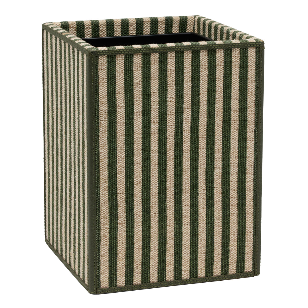 Franklin Emerald Striped/Forest Cotton Jute/Leather Square Wastebasket