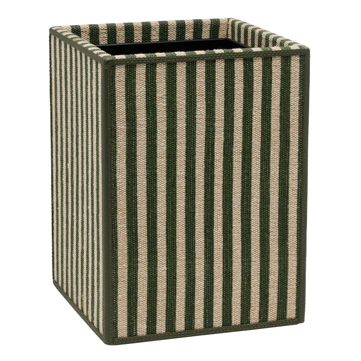 Franklin Emerald Striped/Forest Cotton Jute/Leather Square Wastebasket