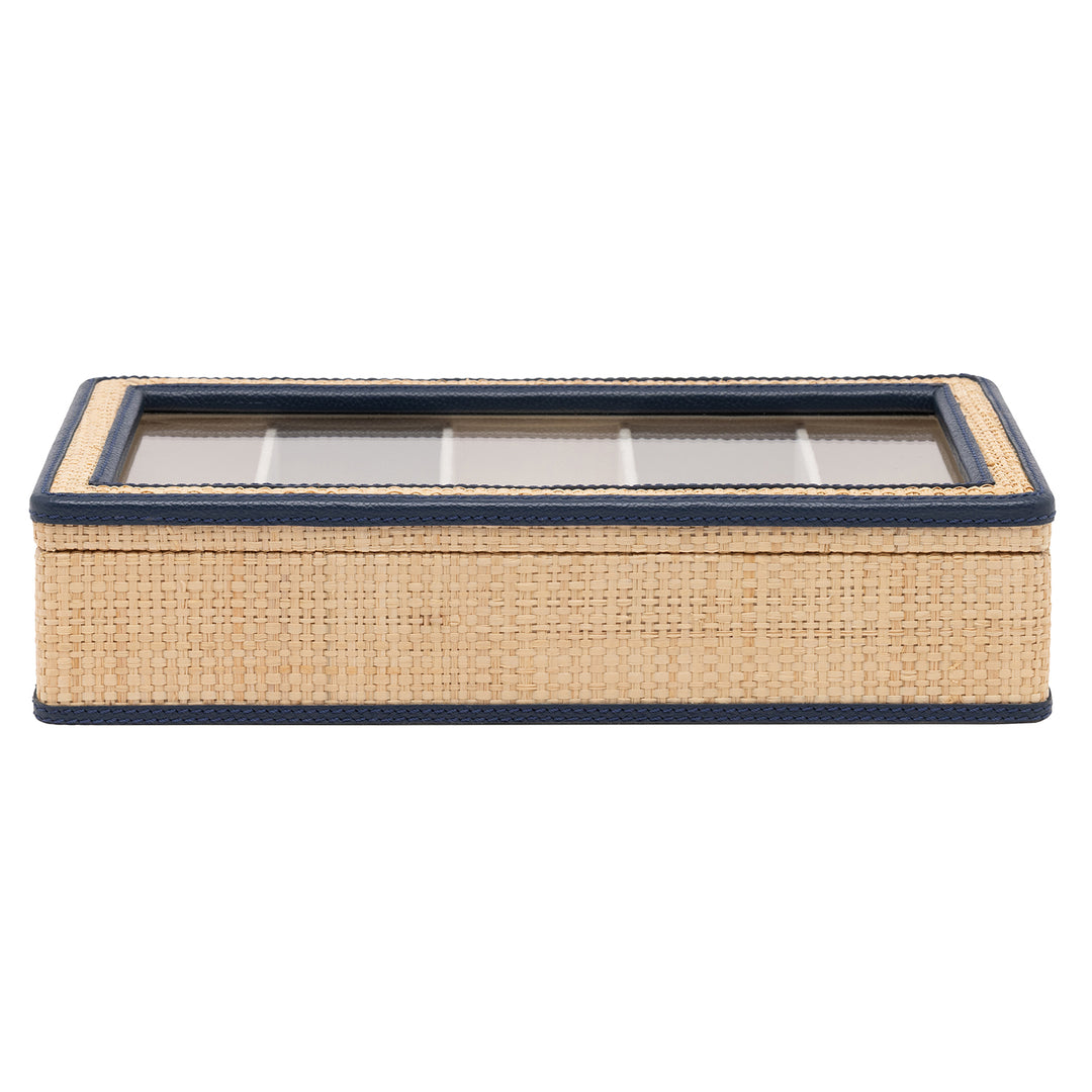 Hanford Natural Raffia Eyewear Organizer Case (Navy Leather)