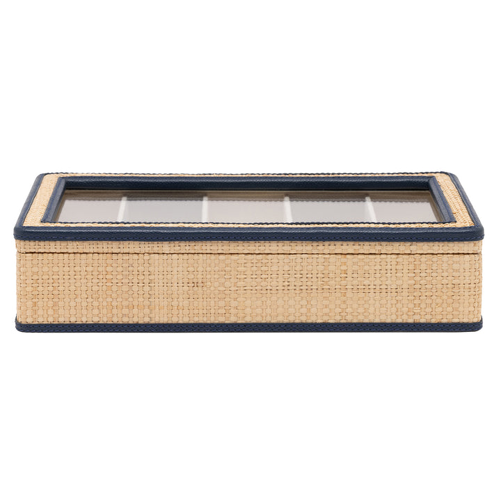 Hanford Natural Raffia Eyewear Organizer Case (Navy Leather)