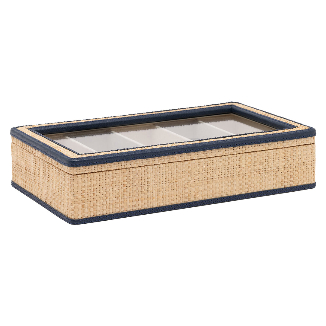 Hanford Natural Raffia Eyewear Organizer Case (Navy Leather)