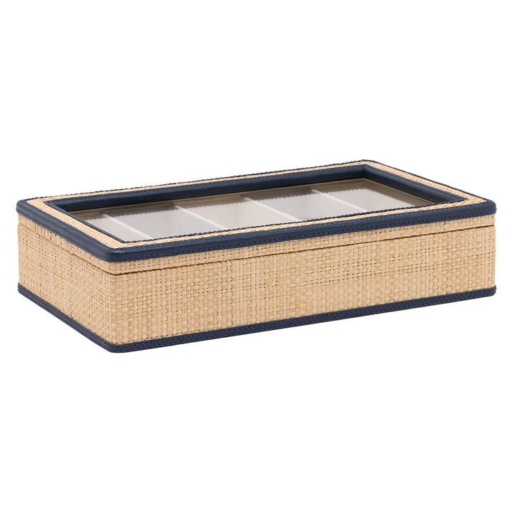 Hanford Natural Raffia Eyewear Organizer Case (Navy Leather)
