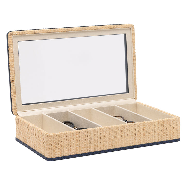 Hanford Natural Raffia Eyewear Organizer Case (Navy Leather)