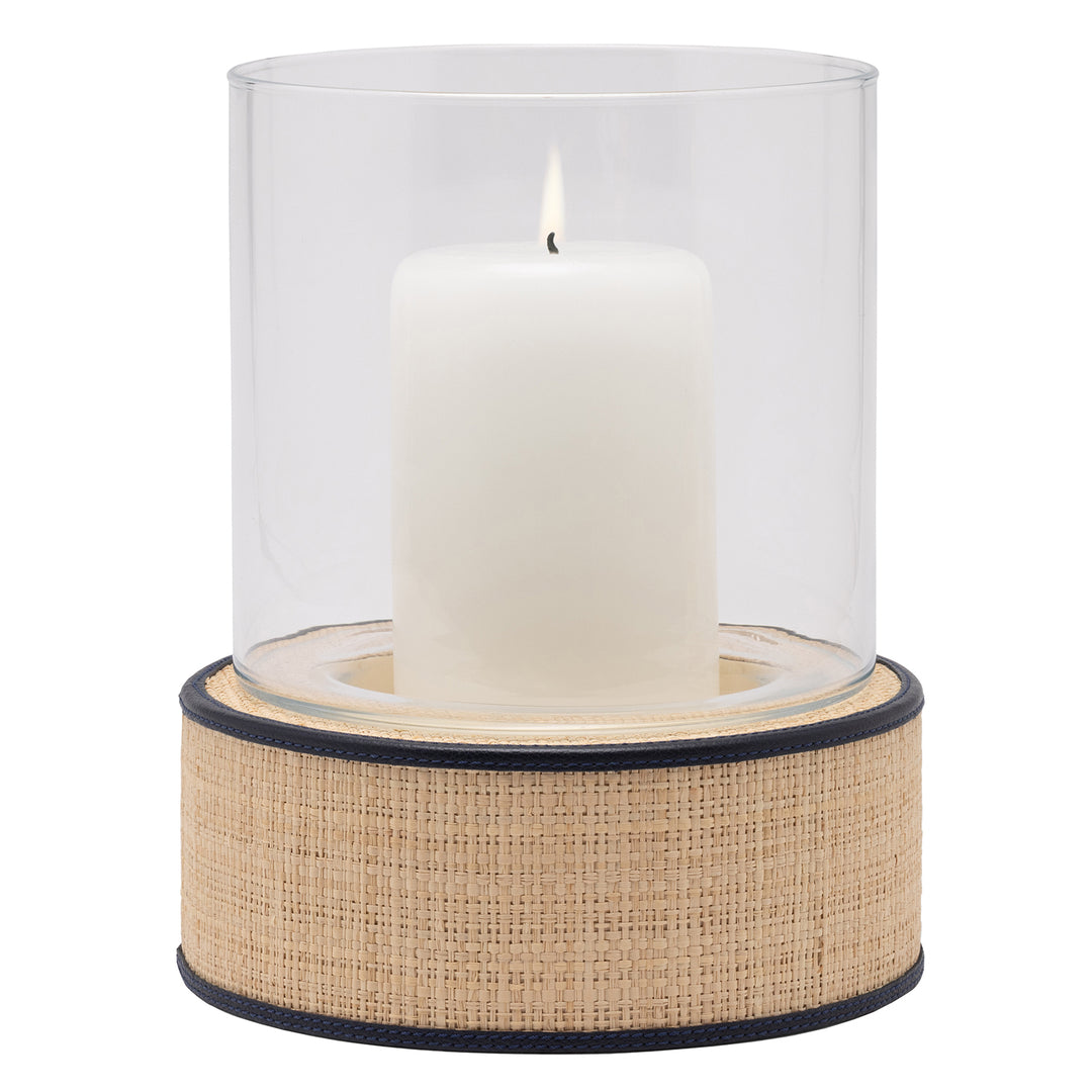 Hanford Natural Raffia/Navy Leather Hurricane Candle Holder Set/2