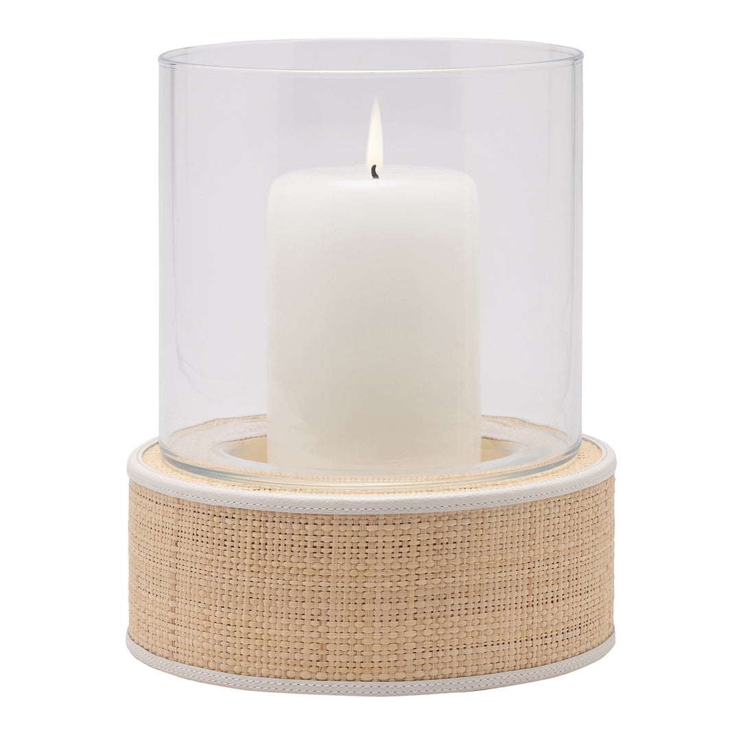 Hanford Natural Raffia/White Leather Hurricane Candle Holder Set/2