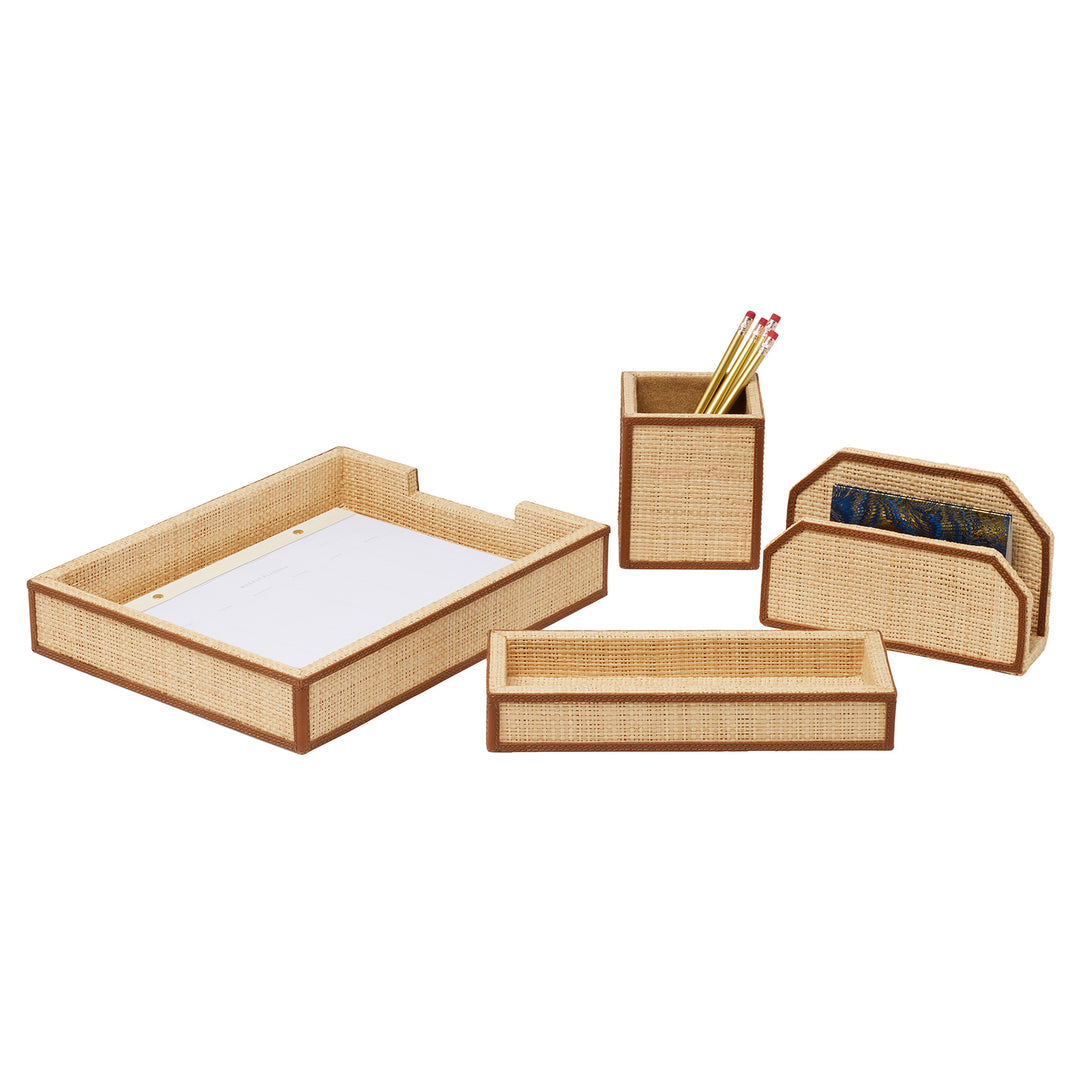 Hanford Natural Raffia/Saddle Leather Desk Accessory Set