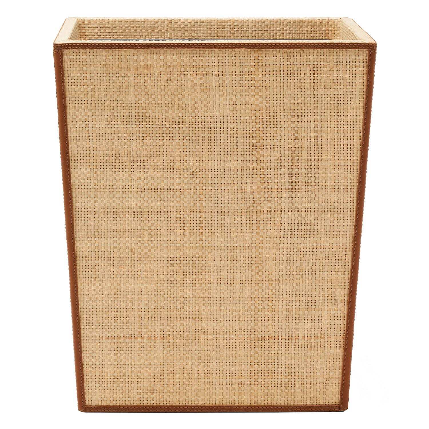 Hanford Natural Raffia/Saddle Leather Rectangle Wastebasket - Thumbnail 2