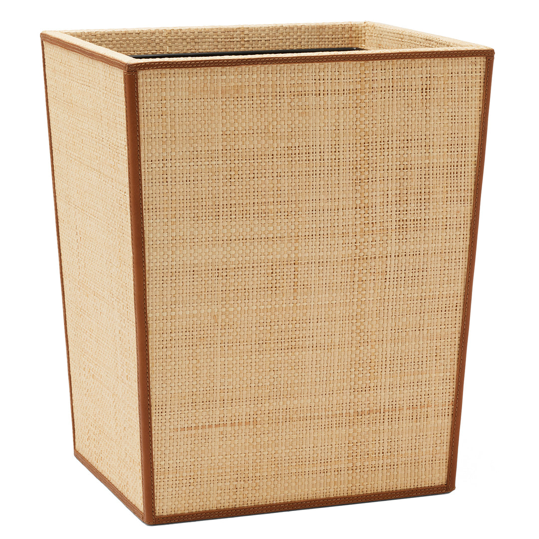 Hanford Natural Raffia/Saddle Leather Rectangle Wastebasket