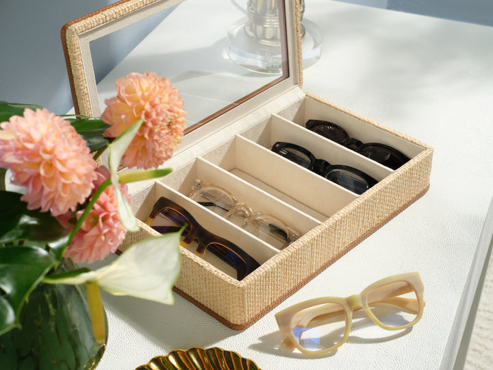 Hanford Natural Raffia Eyewear Organizer Case (Saddle Leather)