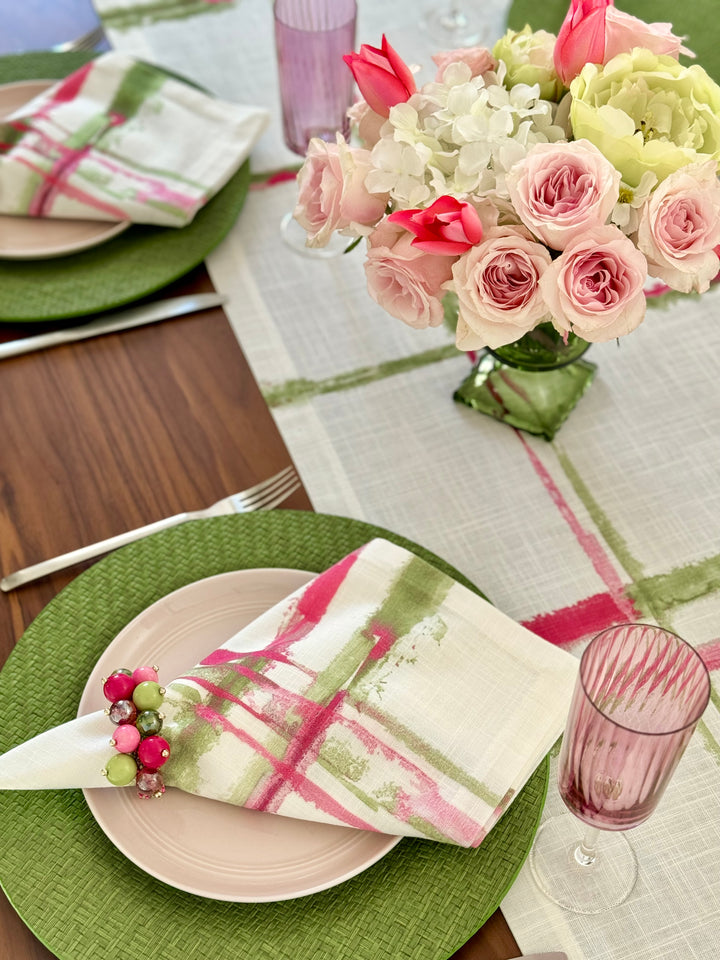 Abstract Grid Cotton Print Table Runner 15x90 (Pink/Green)