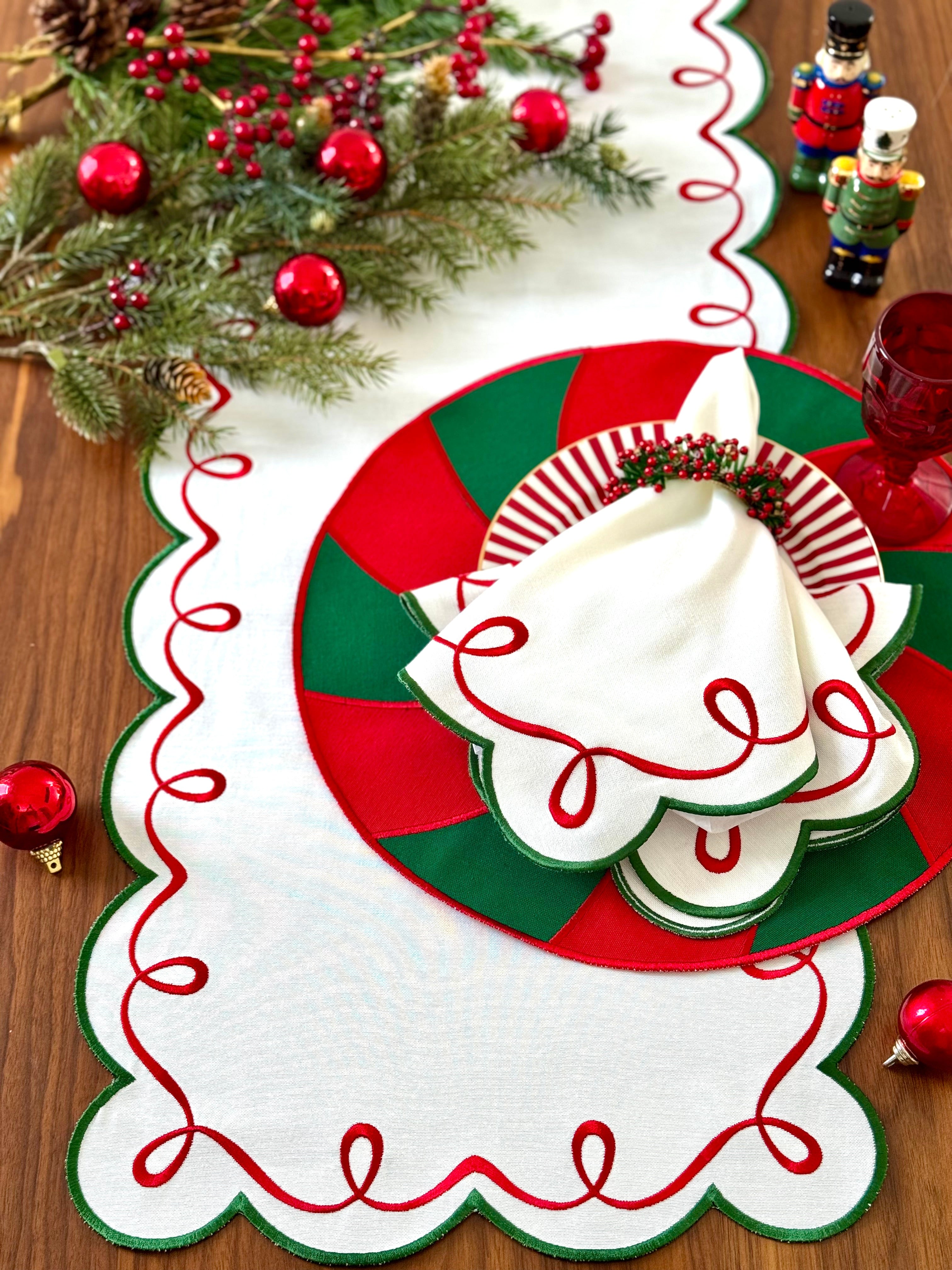 Candy Cane Embroidered Holiday Round Placemats - Thumbnail 2