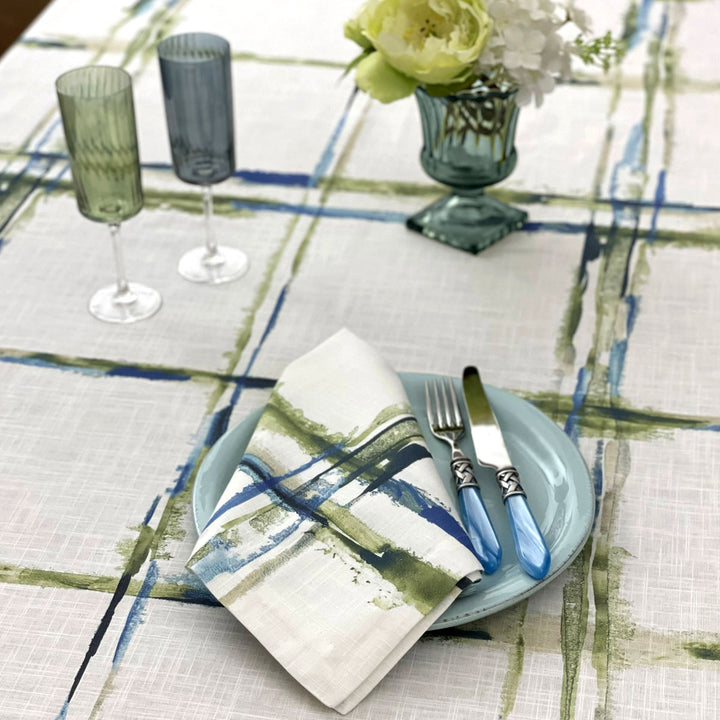 Abstract Grid Cotton Print Tablecloth (Sea/Green)