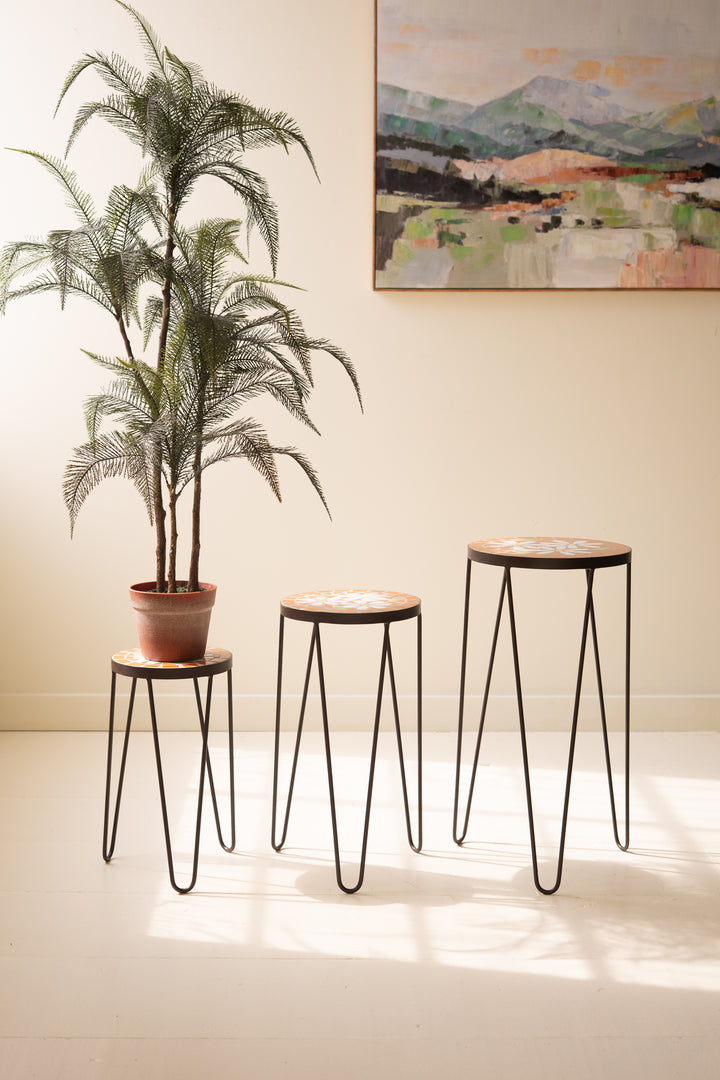 Set of 3 Nesting Mosaic Tile Tables with Metal Bases