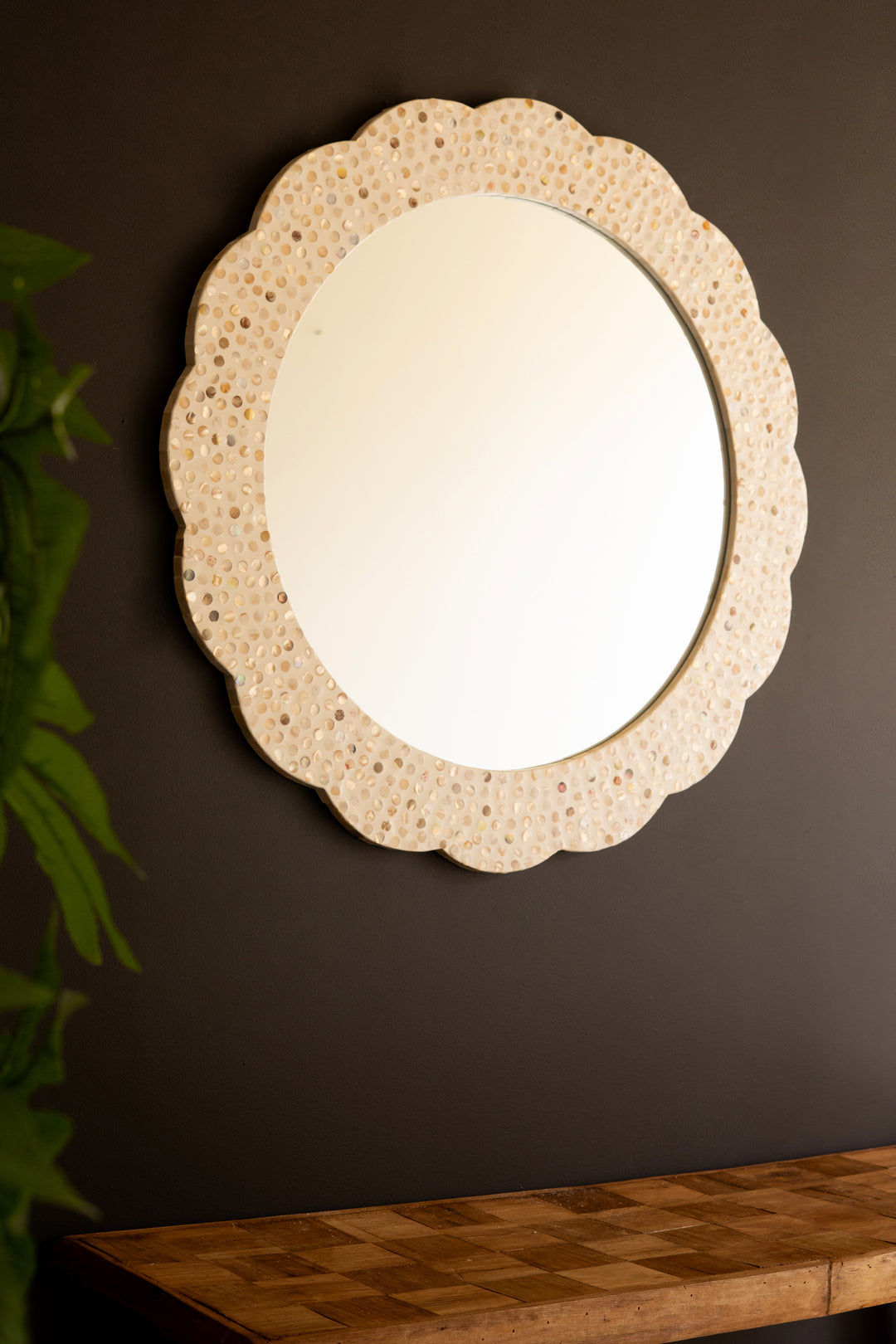 Scalloped Round Cut Capiz Shell Mirror