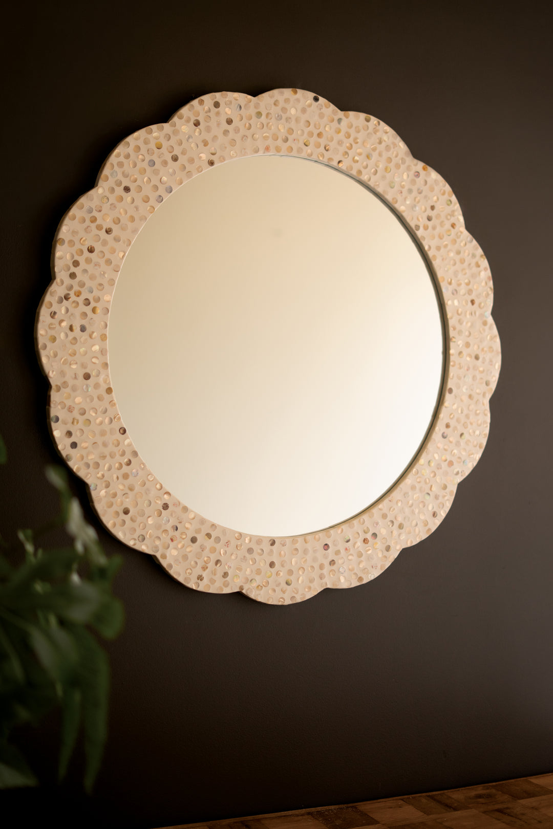 Scalloped Round Cut Capiz Shell Mirror