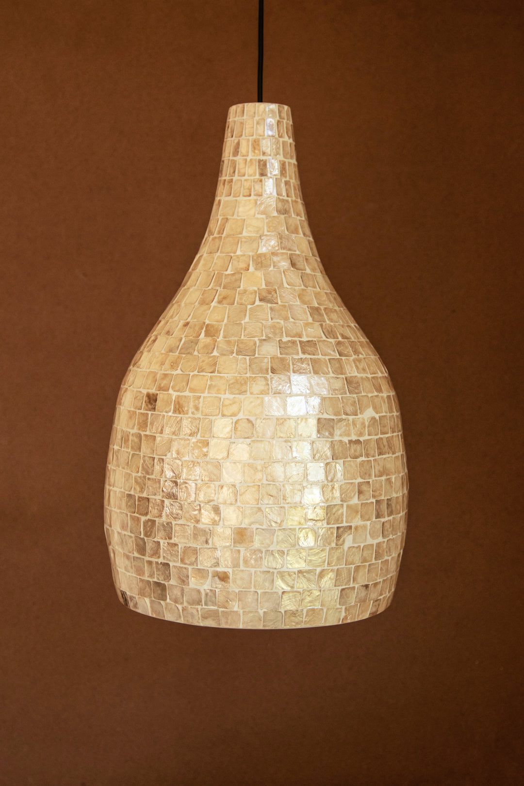 Teardrop Spun Bamboo Pendant Light with Neutral Capiz Shell Detail
