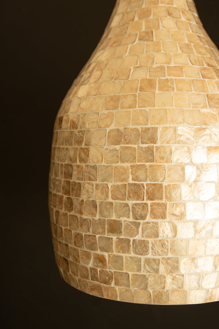 Teardrop Spun Bamboo Pendant Light with Neutral Capiz Shell Detail