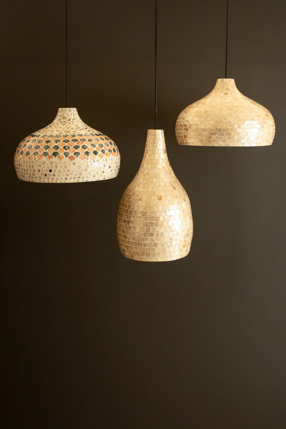 Teardrop Spun Bamboo Pendant Light with Neutral Capiz Shell Detail