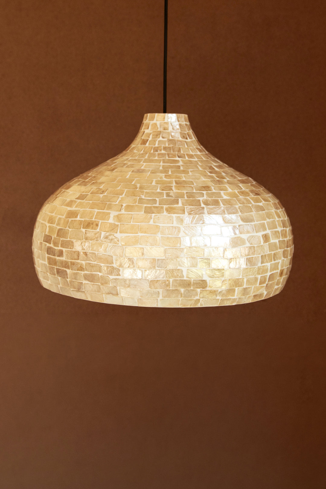 Dome Spun Bamboo Pendant Light with Neutral Capiz Shell Detail