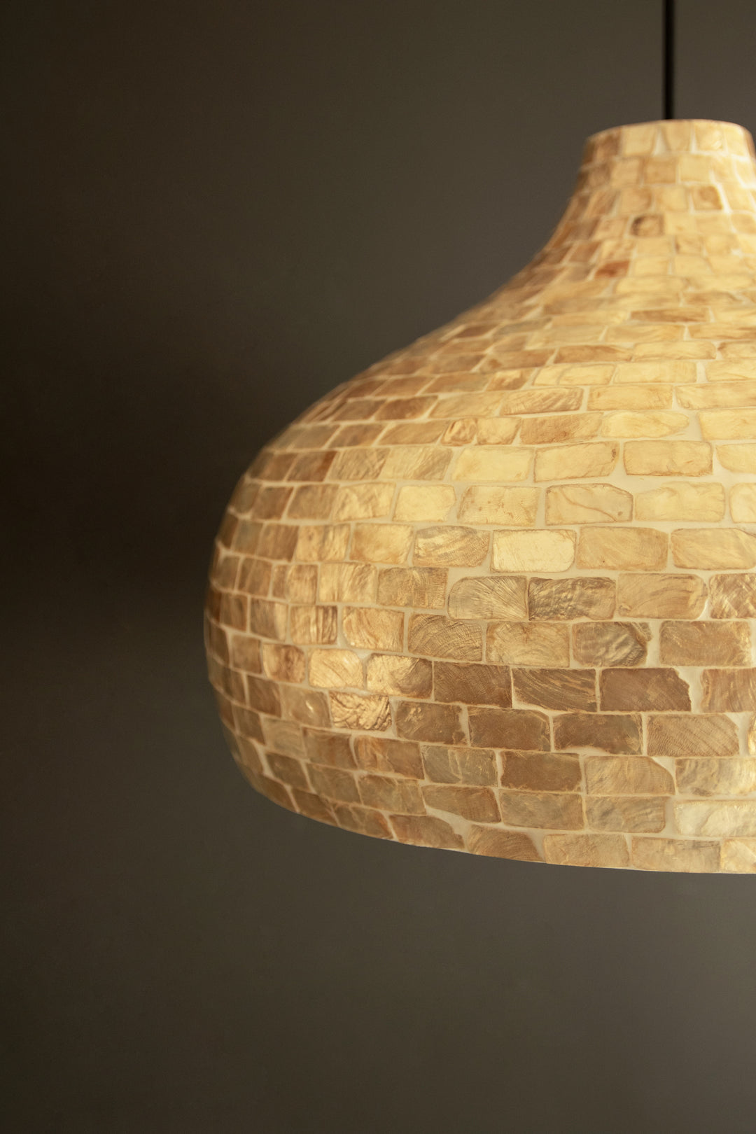 Dome Spun Bamboo Pendant Light with Neutral Capiz Shell Detail