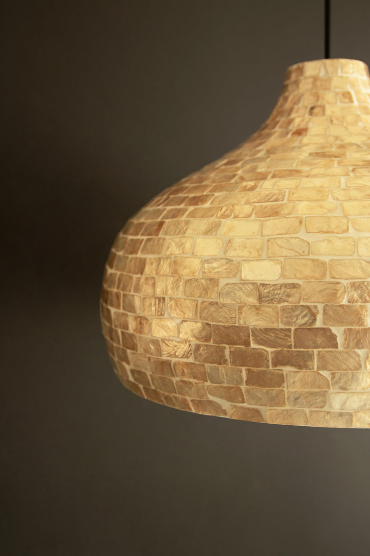 Dome Spun Bamboo Pendant Light with Neutral Capiz Shell Detail