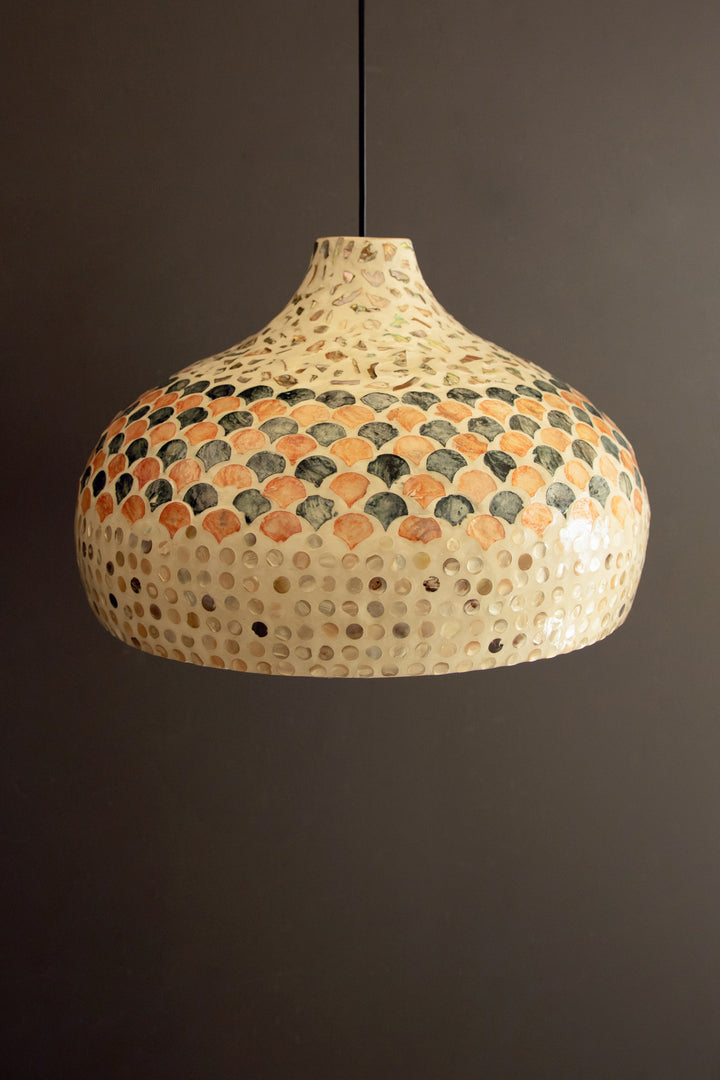 Dome Spun Bamboo Pendant Light with Blue and Orange Capiz Shell Detail