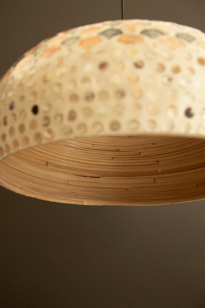 Dome Spun Bamboo Pendant Light with Blue and Orange Capiz Shell Detail