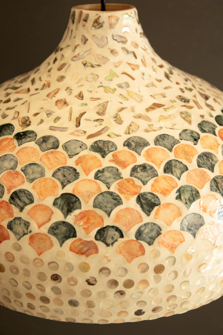 Dome Spun Bamboo Pendant Light with Blue and Orange Capiz Shell Detail