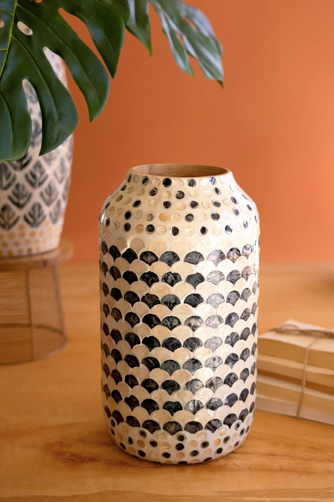 Spun Bamboo Vase with Multi-Color Capiz Shell Detail / #3