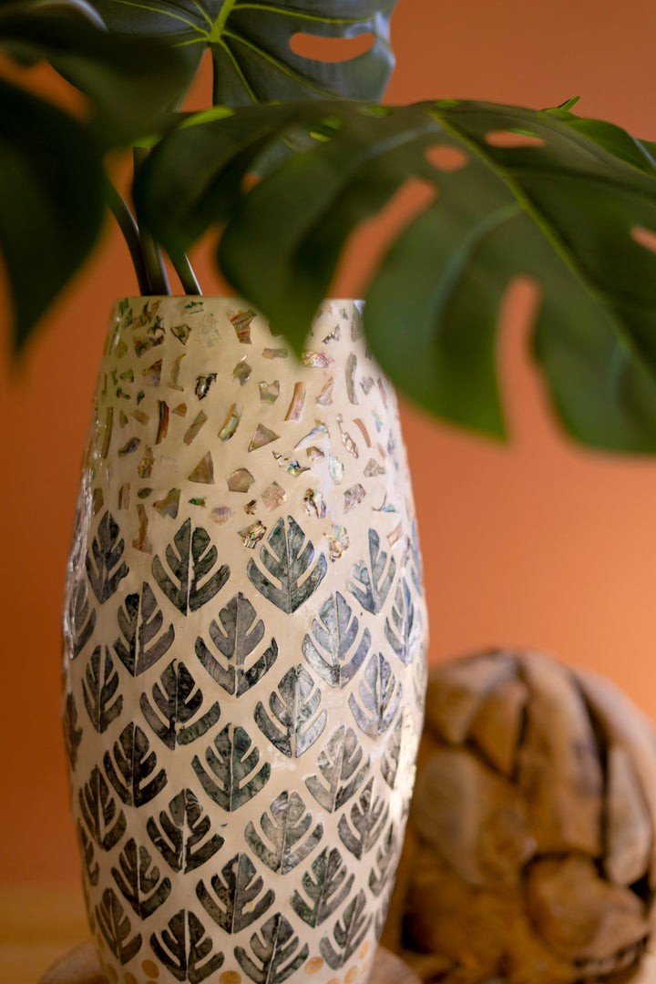 Spun Bamboo Vase with Multi-Color Capiz Shell Detail / #2