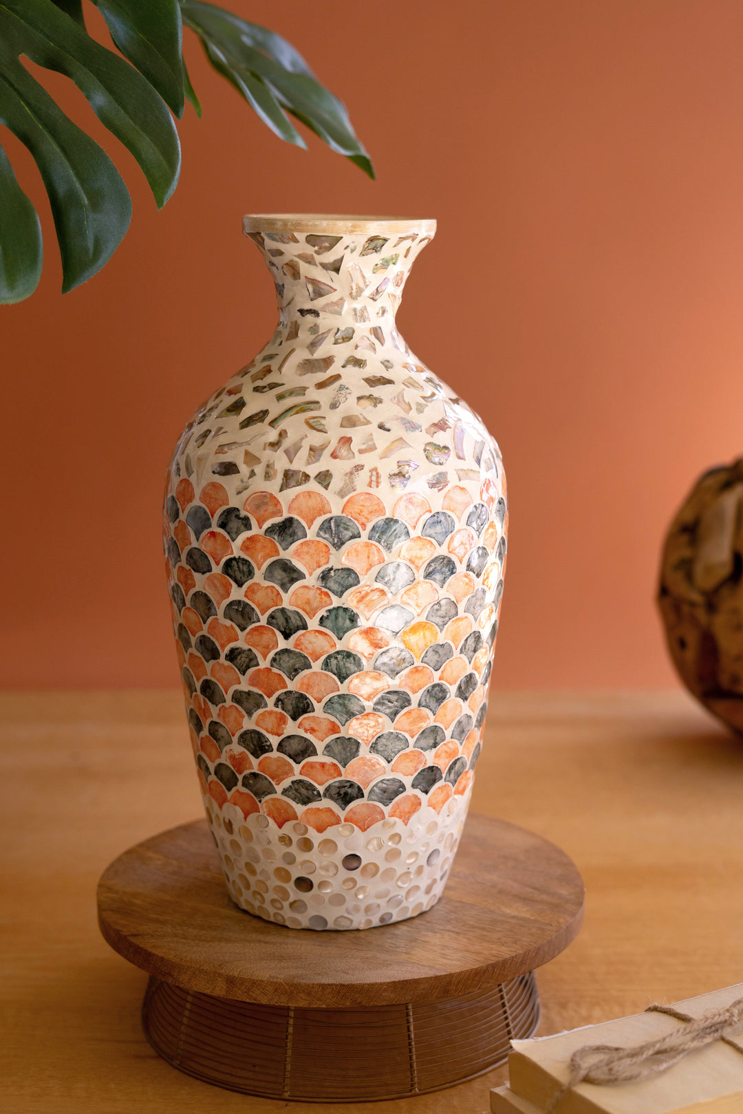 Spun Bamboo Vase with Multi-Color Capiz Shell Detail / #1