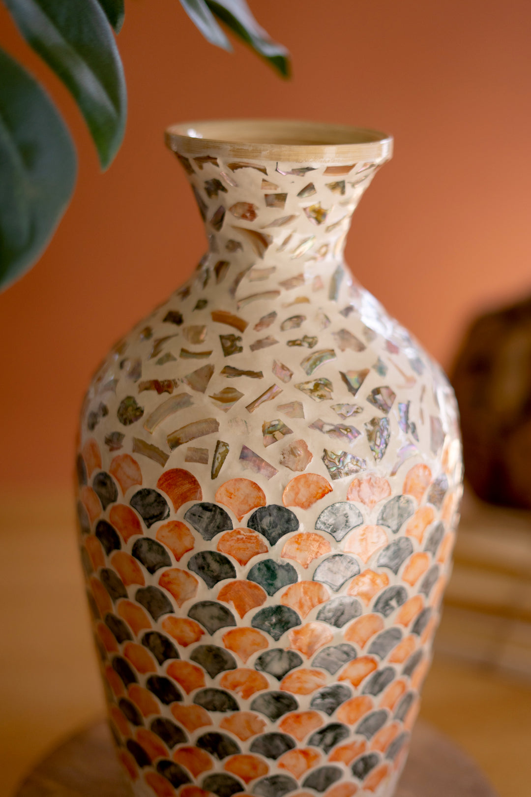 Spun Bamboo Vase with Multi-Color Capiz Shell Detail / #1