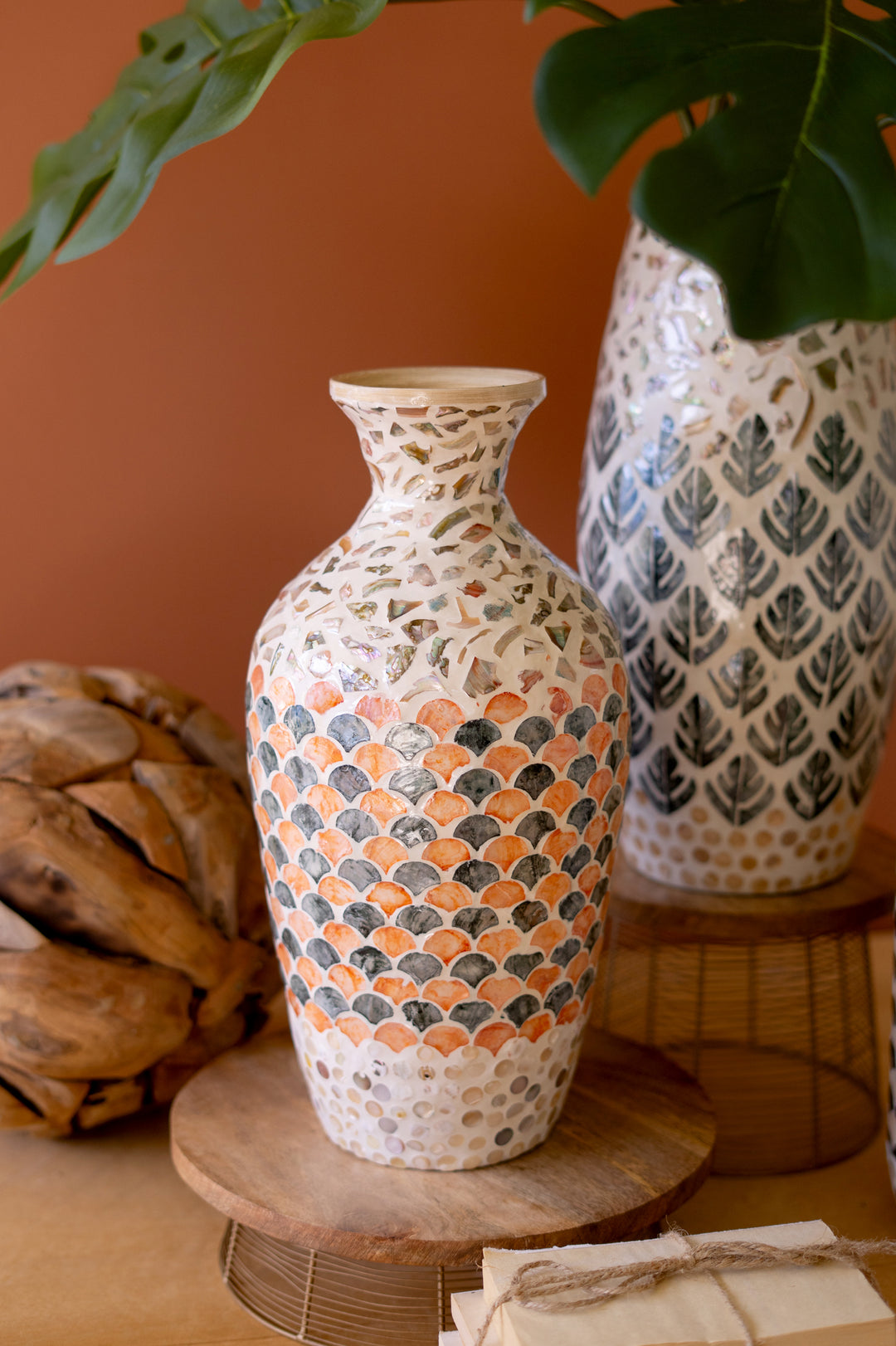 Spun Bamboo Vase with Multi-Color Capiz Shell Detail / #1