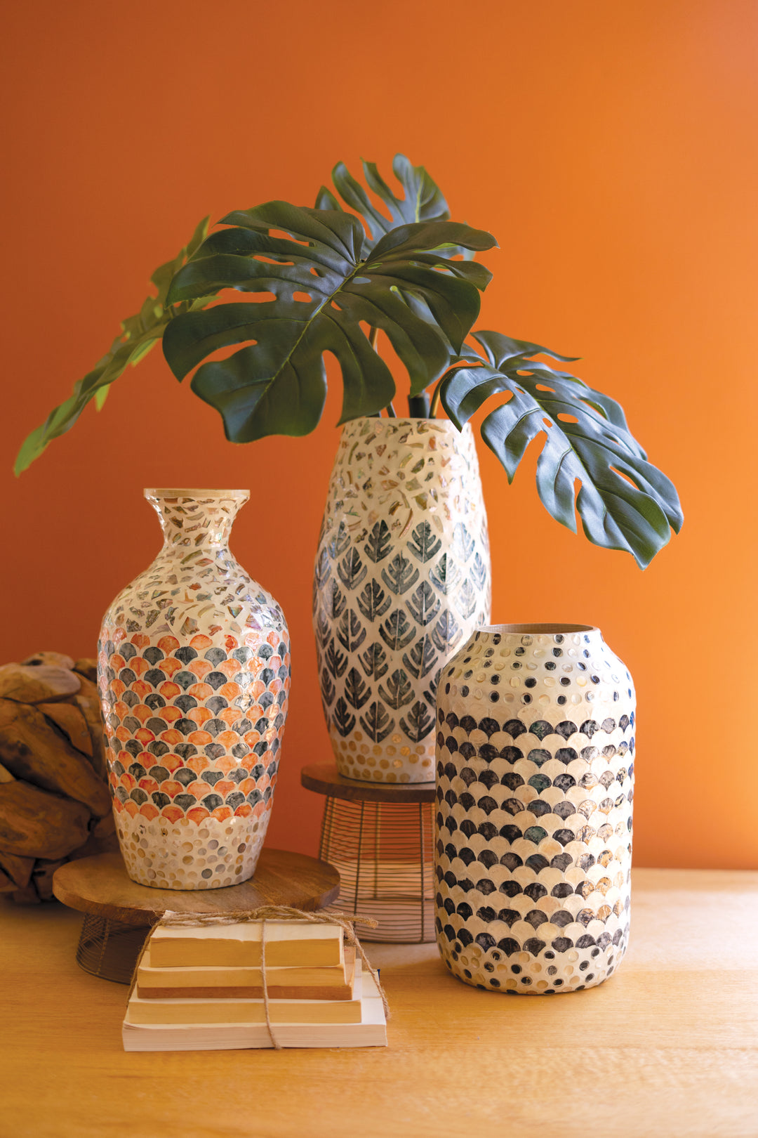 Spun Bamboo Vase with Multi-Color Capiz Shell Detail / #1