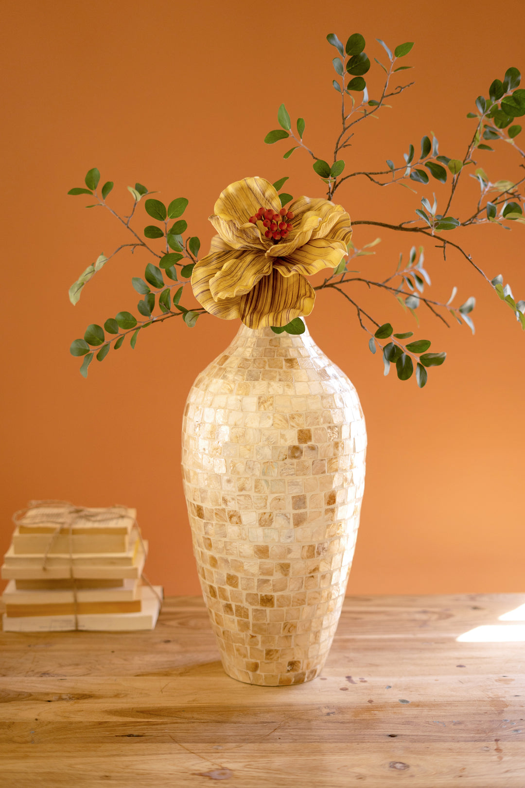 Spun Bamboo Vase with Neutral Capiz Shell Detail / Tall
