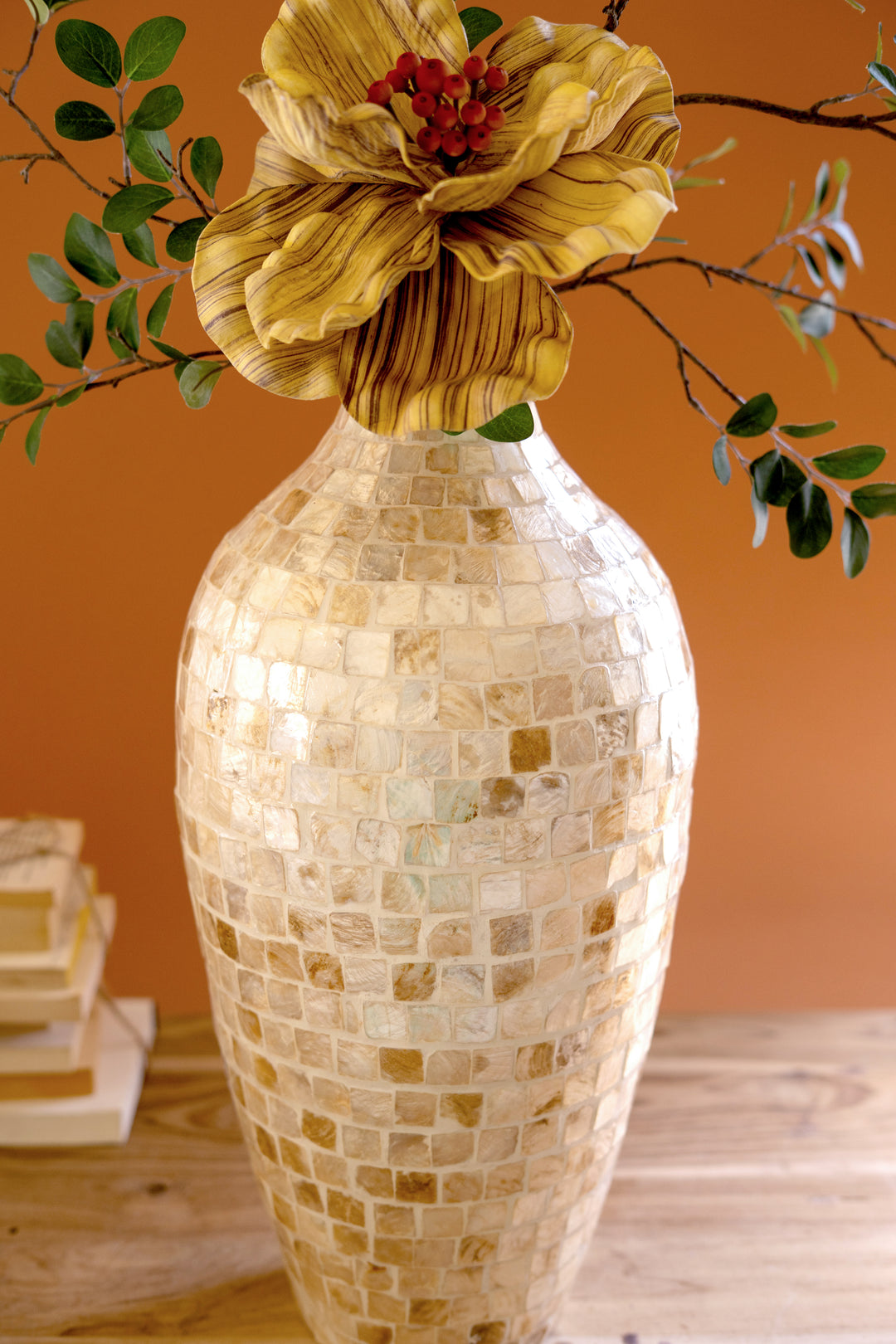 Spun Bamboo Vase with Neutral Capiz Shell Detail / Tall