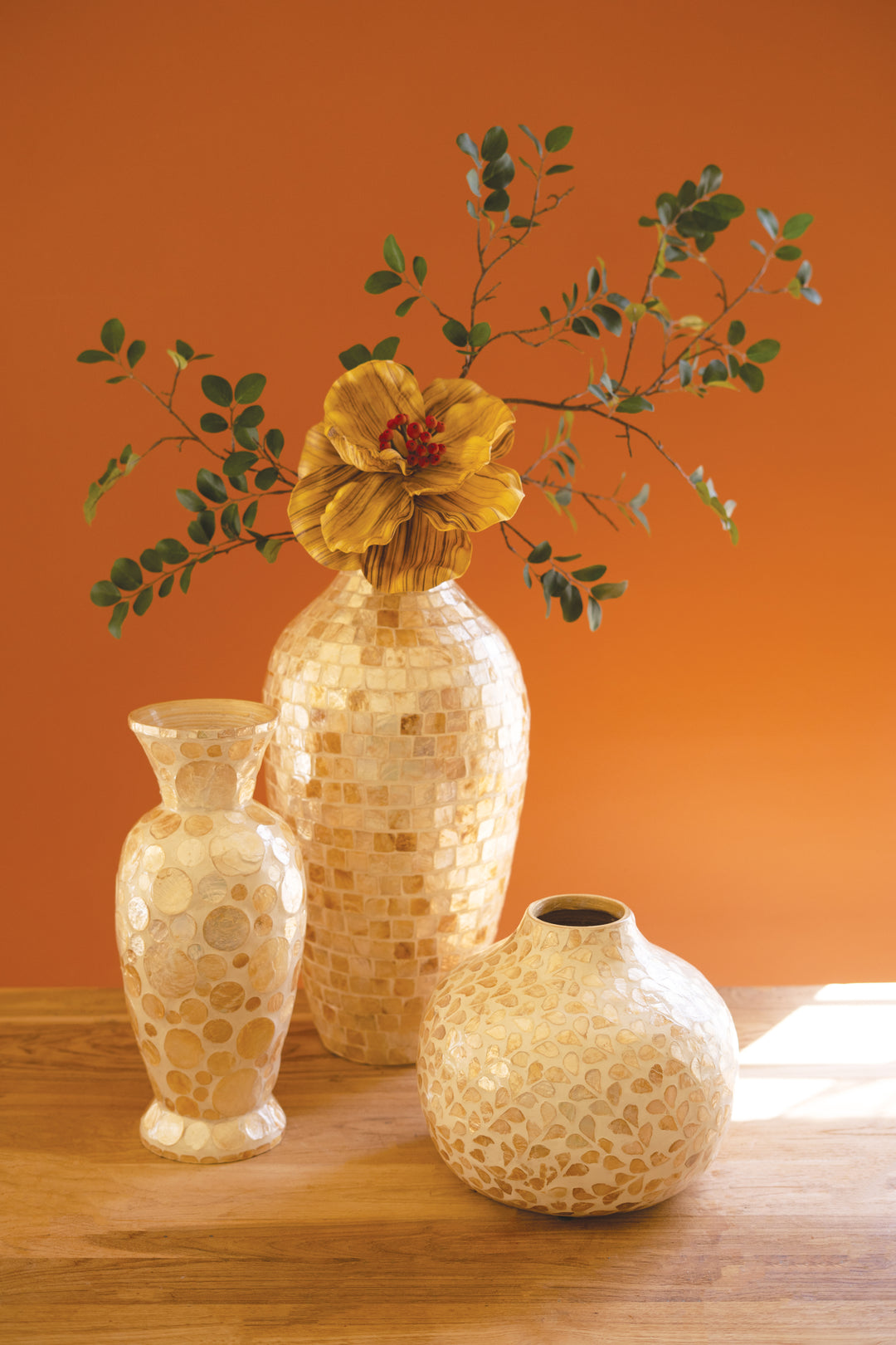 Spun Bamboo Vase with Neutral Capiz Shell Detail / Tall