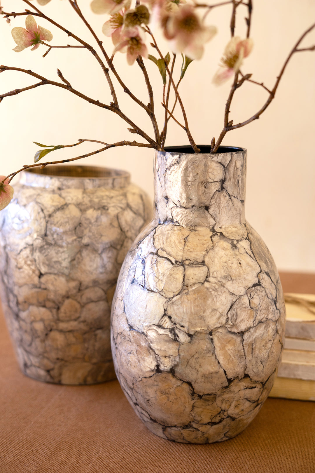 Spun Bamboo Vases with Capiz Shell Detail / Narrow