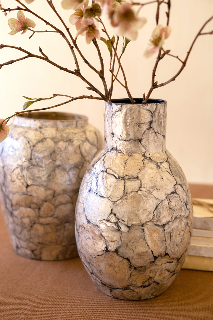 Spun Bamboo Vases with Capiz Shell Detail / Narrow